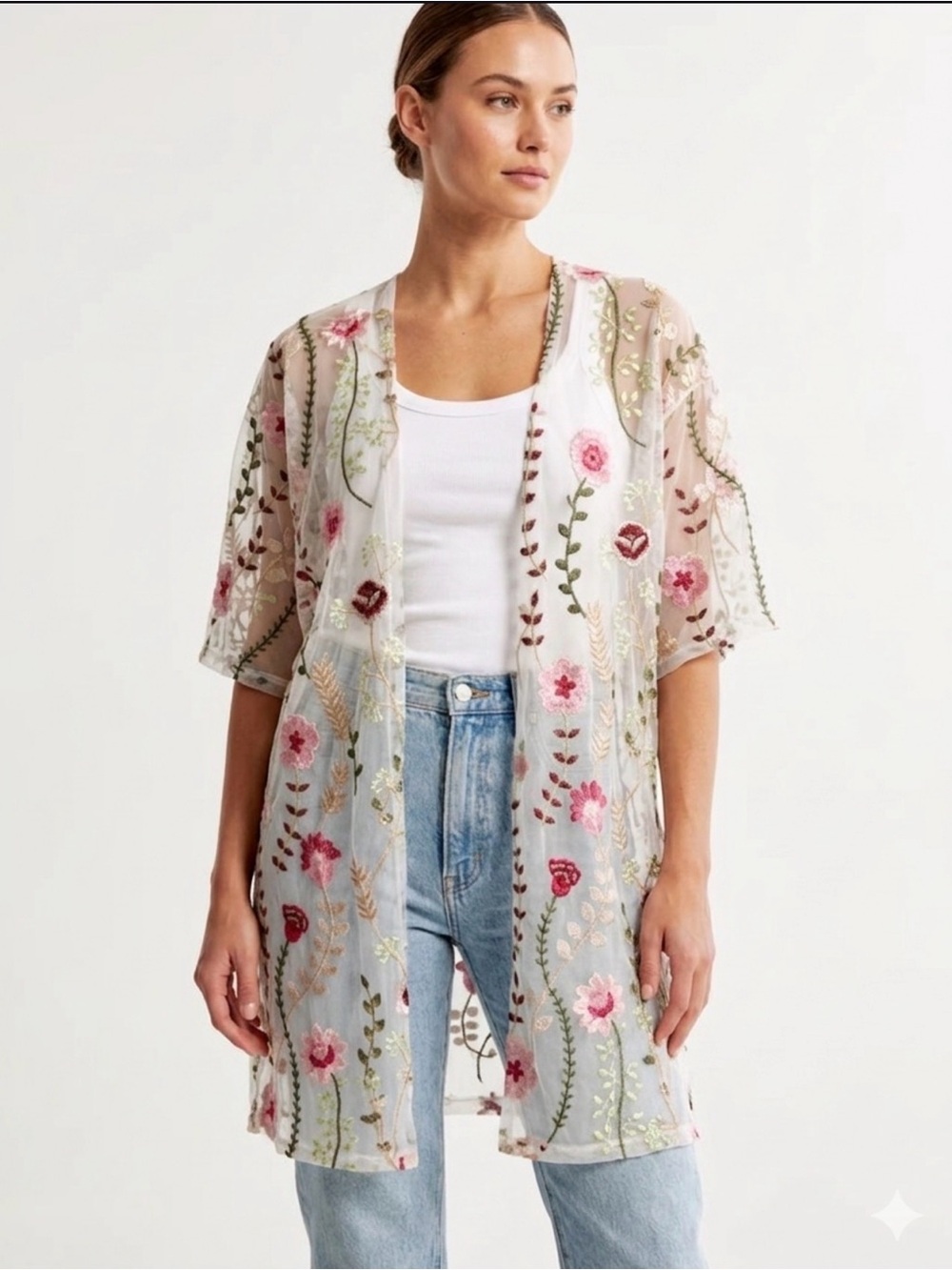 Sheer Floral Embroidered Kimono - Pink & Green